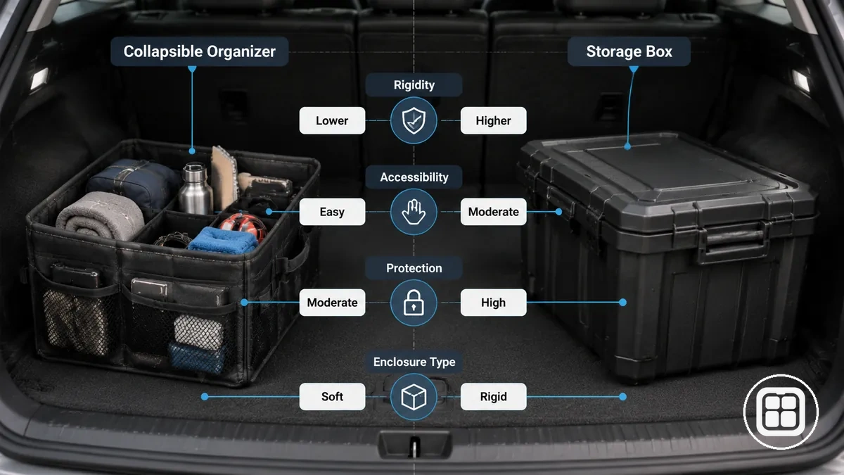 Struktureller Kontrast zwischen flexiblen Auto-Organizern und starren Aufbewahrungsboxen