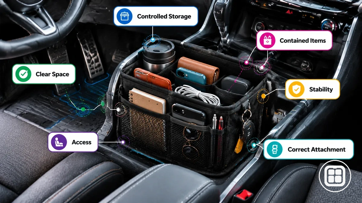 Sichere Nutzung eines Auto-Organizers mit gesicherten Gegenständen, stabiler Platzierung und freiem Fahrerraum