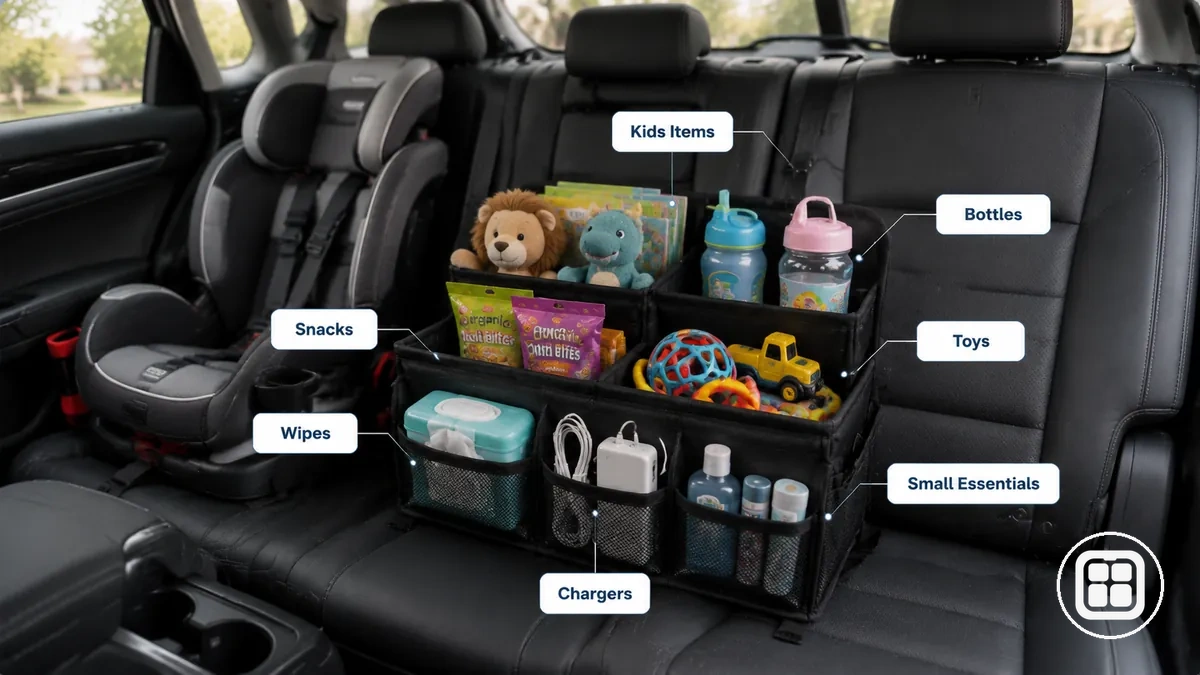 Tägliches Familienauto-Chaos mit Spielzeug, Flaschen, Snacks, Feuchttüchern und kleinen Alltagsgegenständen