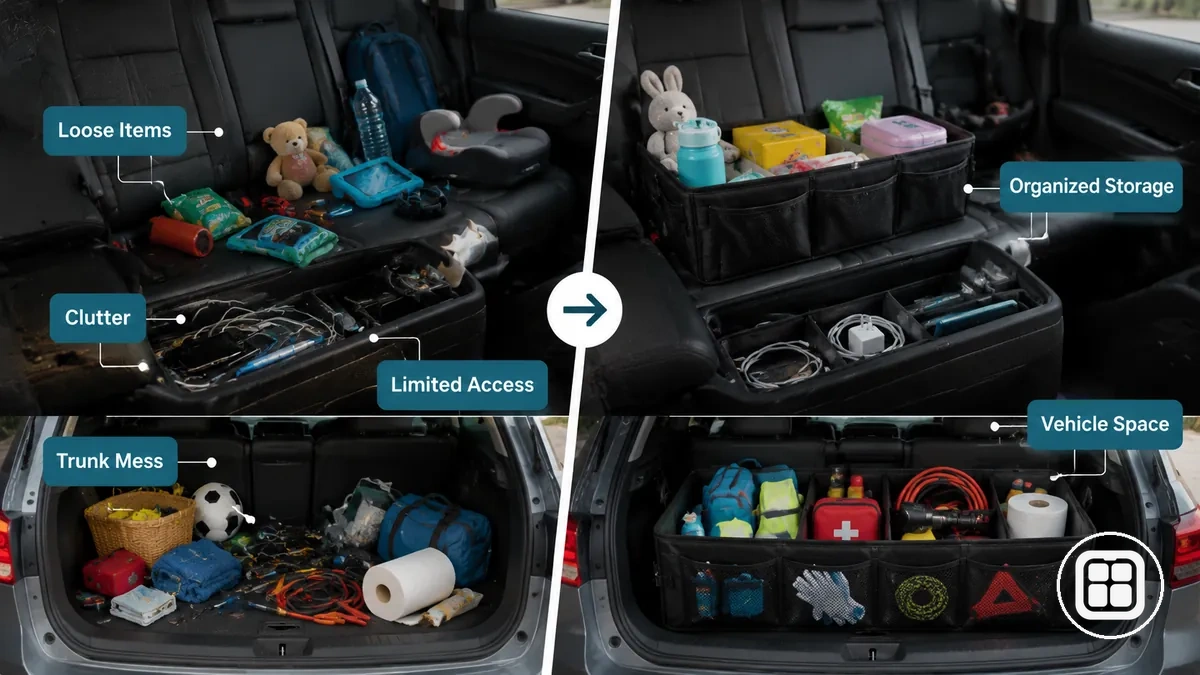 car organizer solving loose item clutter inside a vehicle