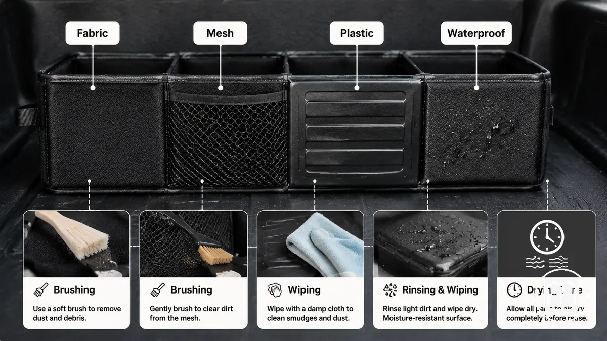 Car organizer showing fabric panel, mesh pocket, plastic panel, and waterproof surface