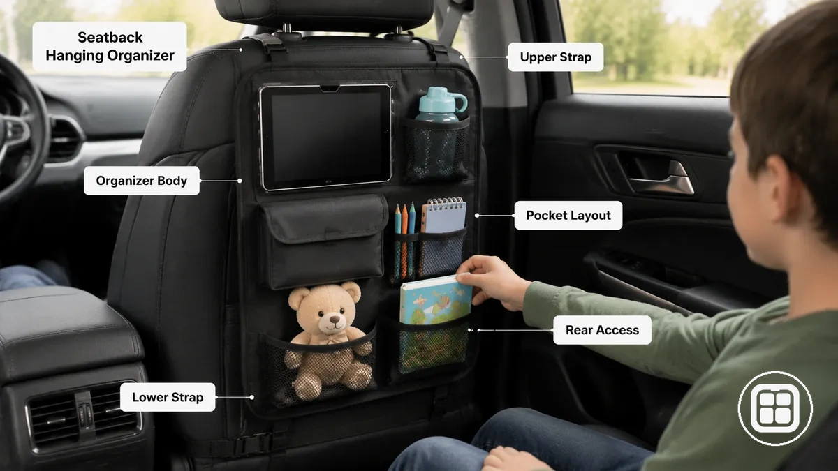 Seatback hanging organizer with straps and pocket layout on a vehicle seatback