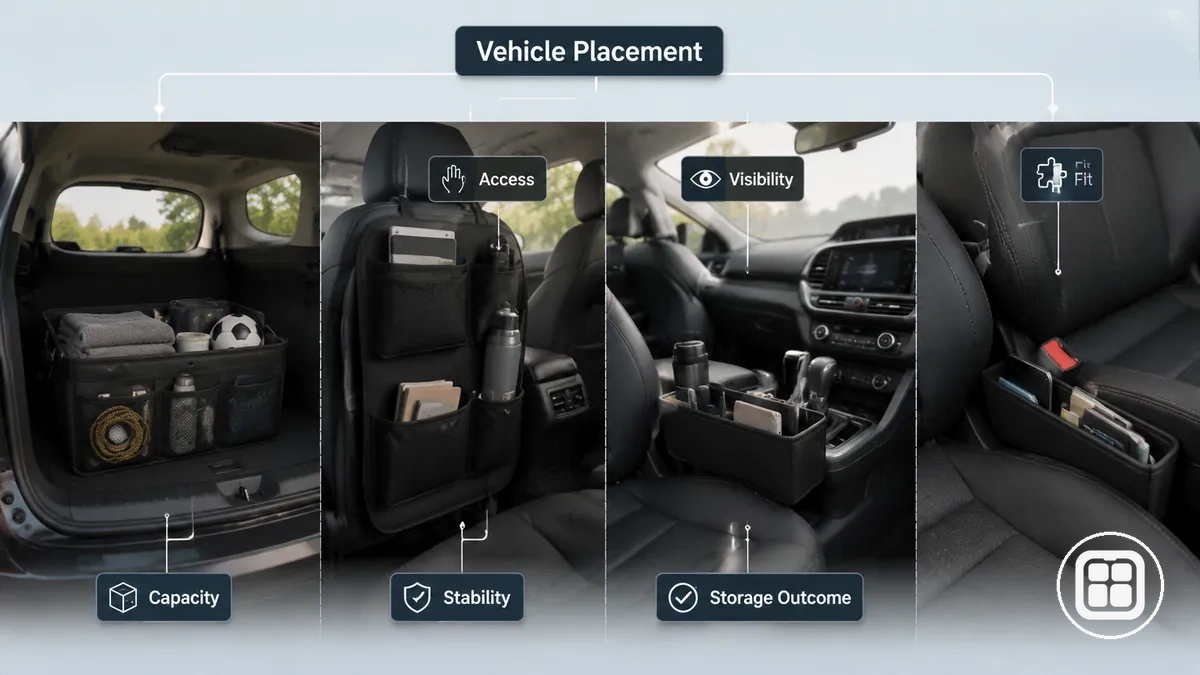 Car organizer placement zones inside a vehicle interior showing different storage areas