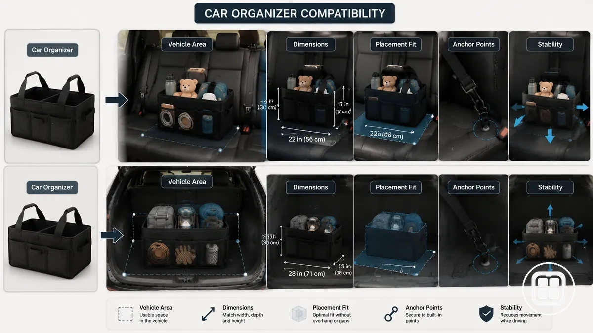 car organizer compatibility showing placement inside vehicle area and fit clearance conditions