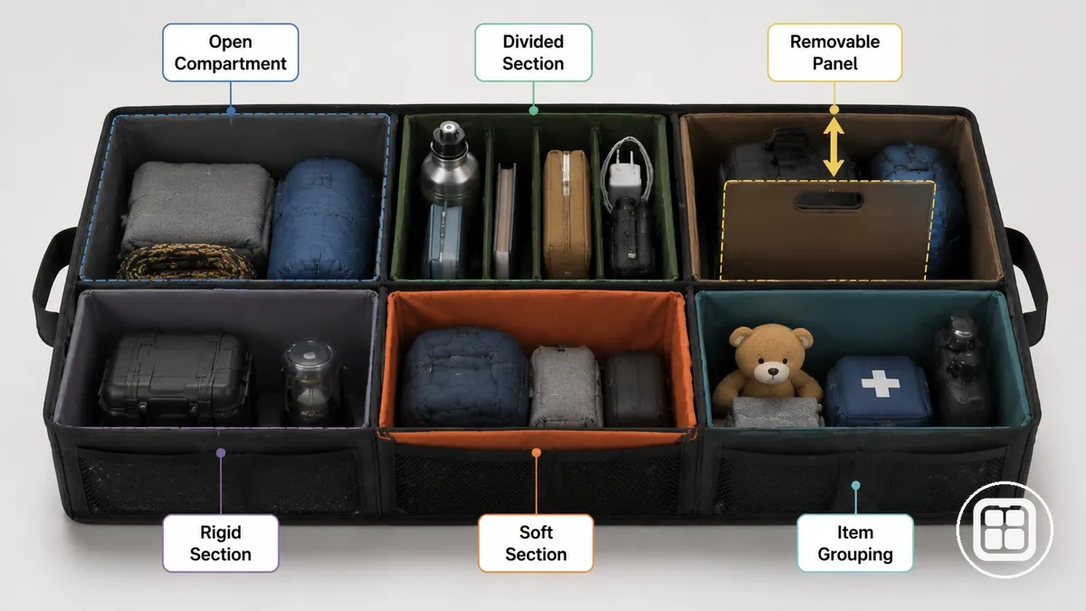 Main compartment formats showing different storage sections in a car organizer