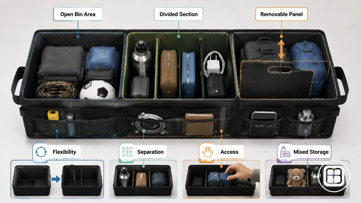 Open bins divided sections and removable panels showing internal storage layout and access zones