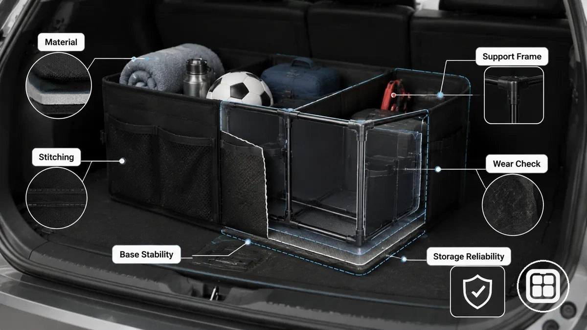 Car organizer with labeled stitching, reinforced panel, handle, and base stability details