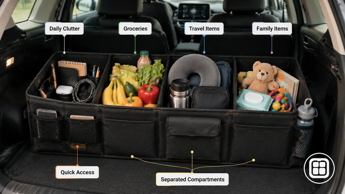 Recurring item groups mapped to car organizer capacity and compartment layout