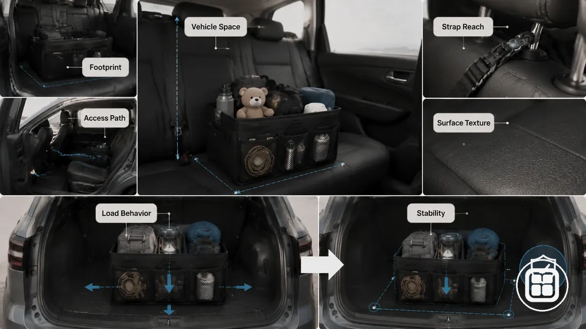 Colocación del organizador de coche que muestra el espacio del vehículo, la huella y las condiciones de estabilidad en un interior de automóvil