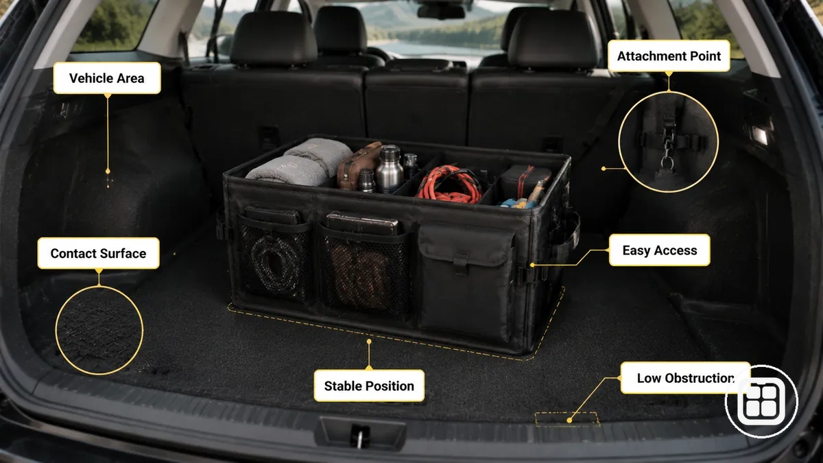 colocación de organizador de coche que muestra superficie de contacto segura y área de almacenamiento accesible del vehículo