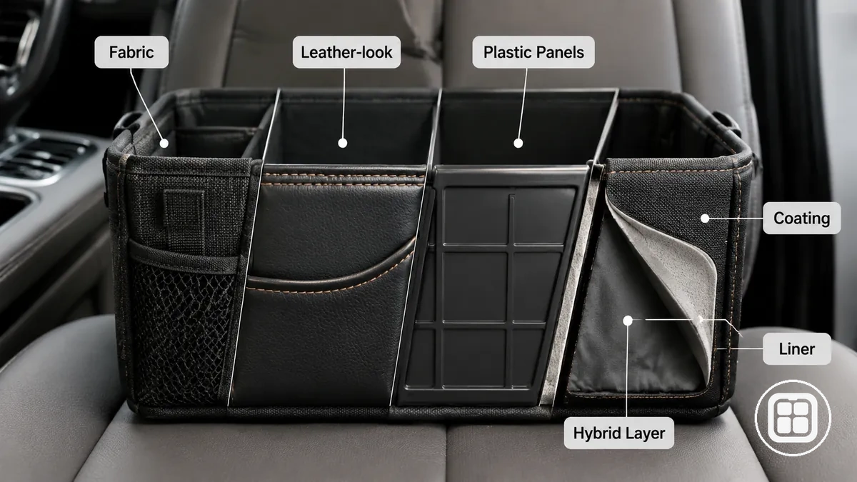 Detalles de materiales de organizador de coche que muestran textura de tela, superficie recubierta, revestimiento interior y panel reforzado