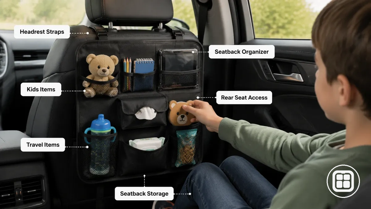 Organizador para asiento trasero de coche instalado detrás del asiento del vehículo para acceso desde los asientos traseros