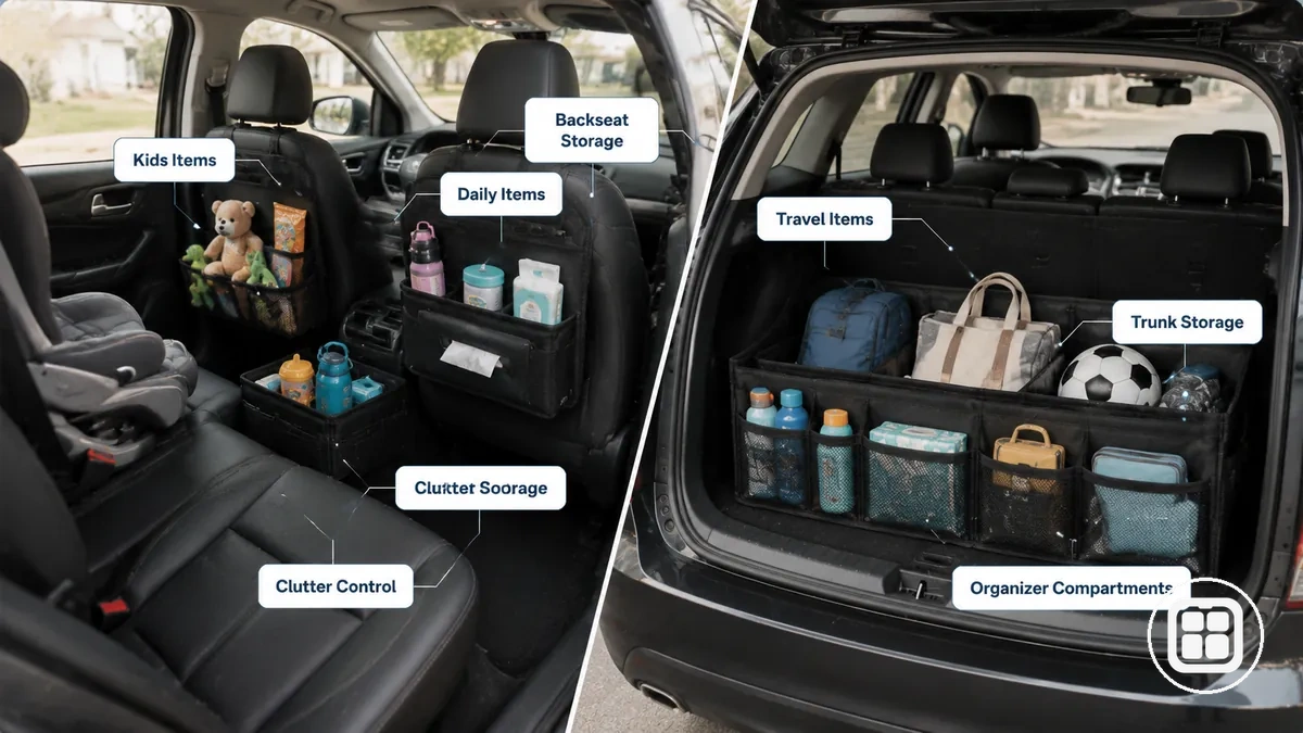Organiseur de voiture familiale montrant des objets quotidiens pour enfants, bouteilles, collations et besoins de rangement de voyage
