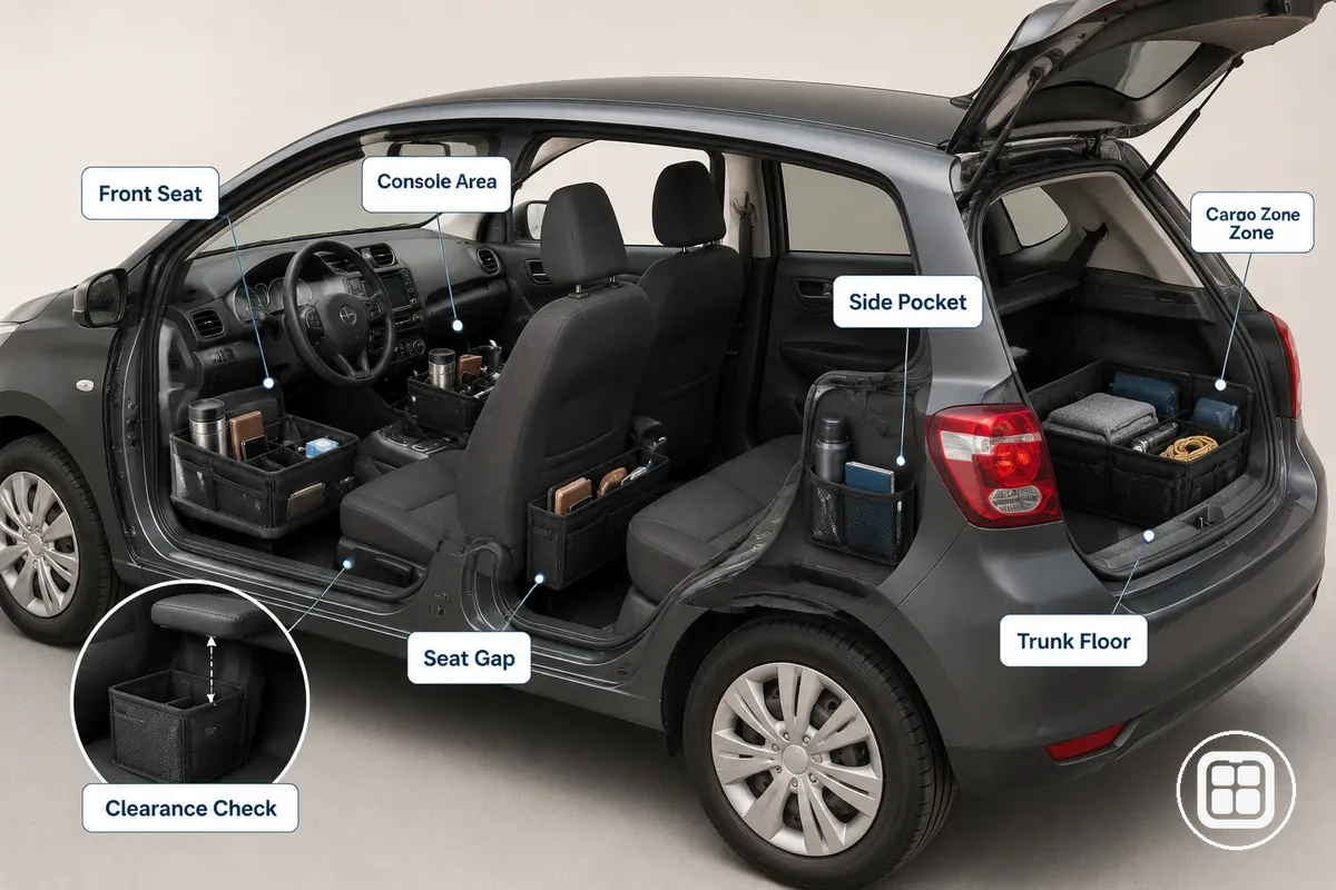 Zones de rangement courantes pour placer un organiseur dans une petite voiture