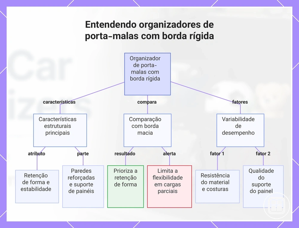 Organizador de porta-malas com laterais rígidas e painéis reforçados