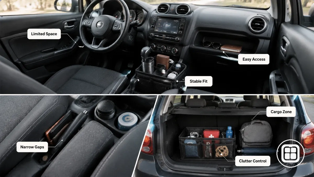 Desafios de armazenamento em carros pequenos e adequação do organizador