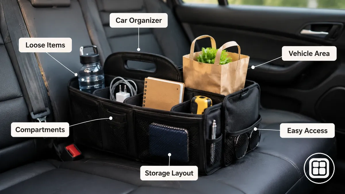 organizador para carro dentro de um veículo contendo itens soltos do dia a dia