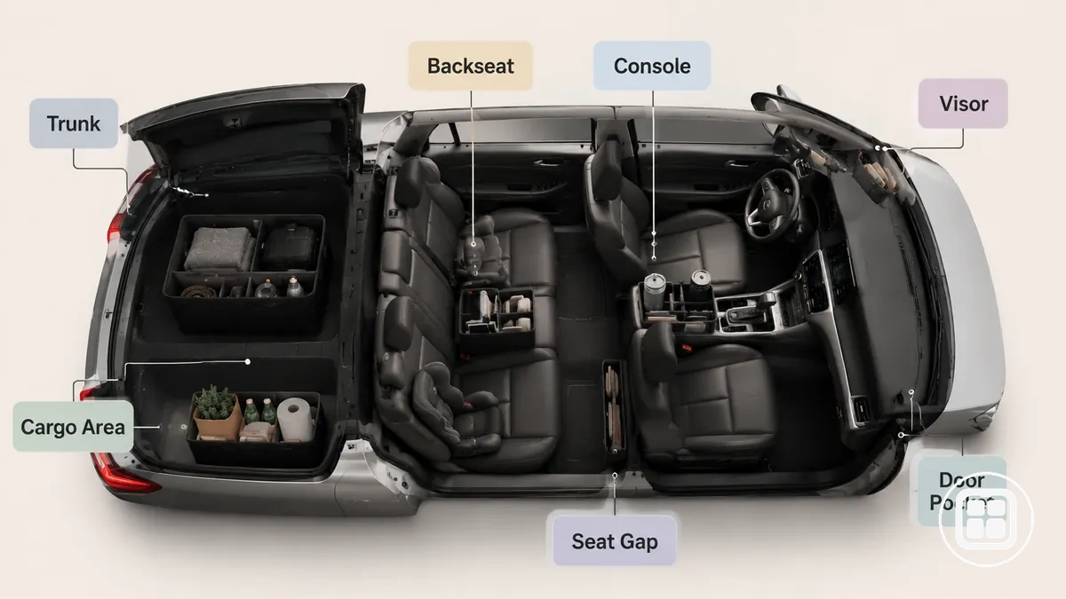 Diagrama das zonas de posicionamento de organizadores para carro no interior do veículo mostrando porta-malas, banco traseiro, console e áreas dos bancos