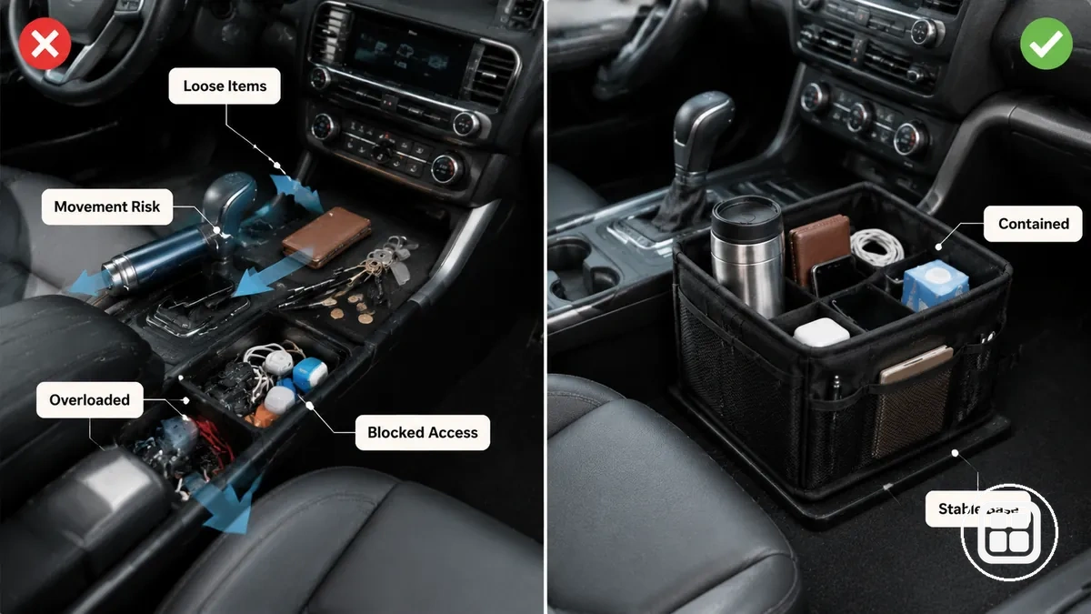 Comparação de itens soltos no carro e um organizador estável mostrando riscos de movimento e contenção