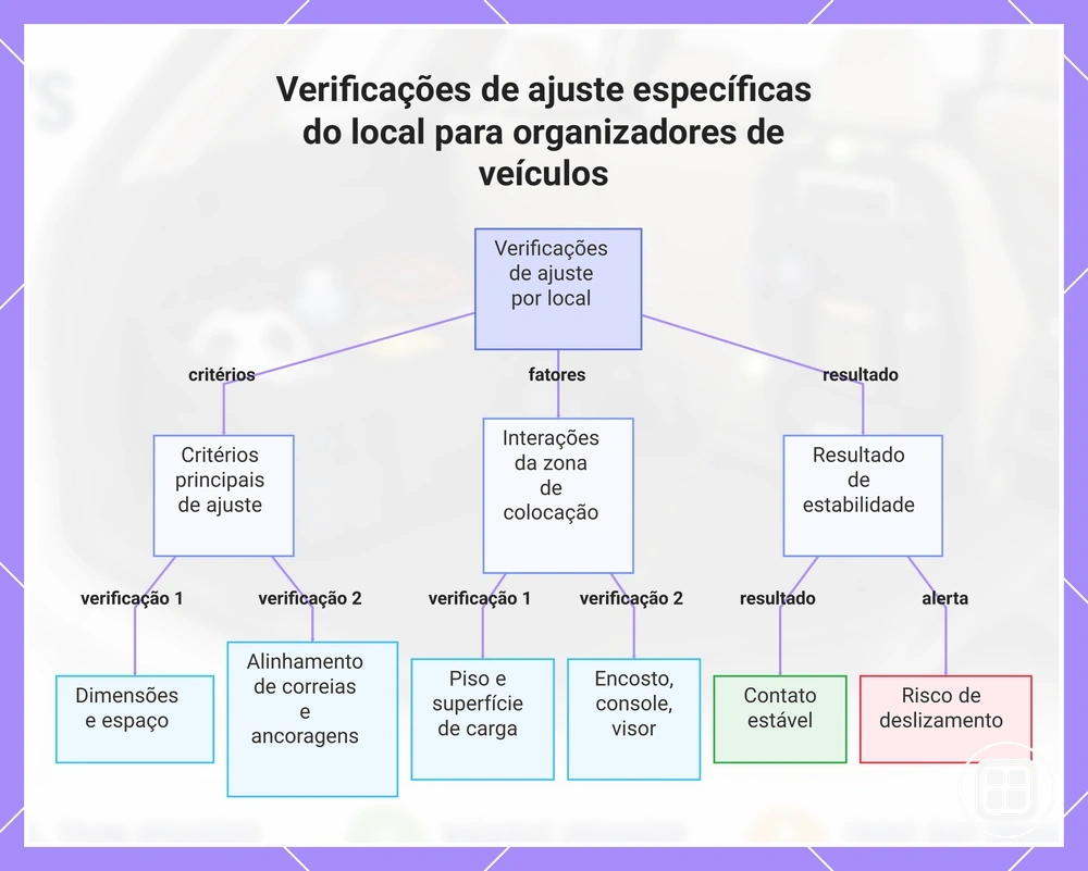 Verificações de encaixe e fixação por zona para organizadores de carro
