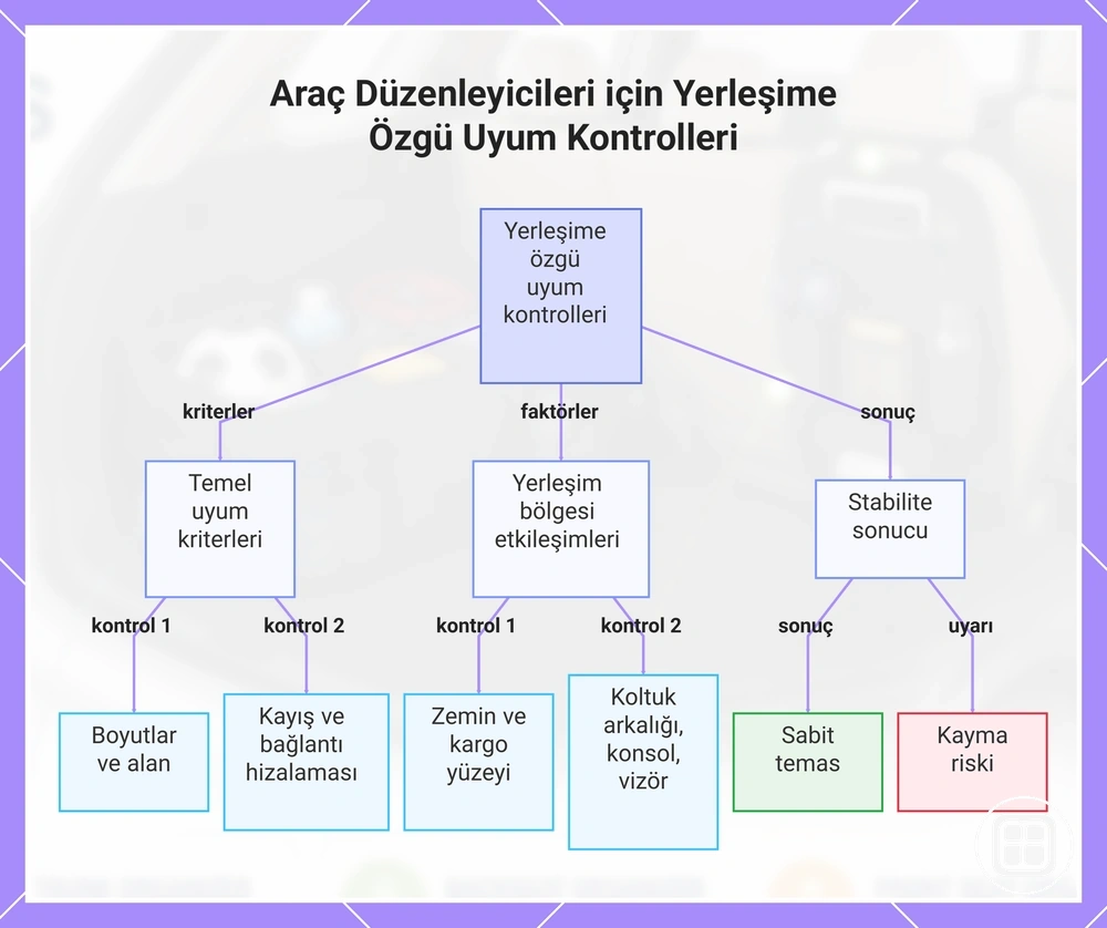 Araç organizerleri için yerleşime özgü uyum kontrolleri