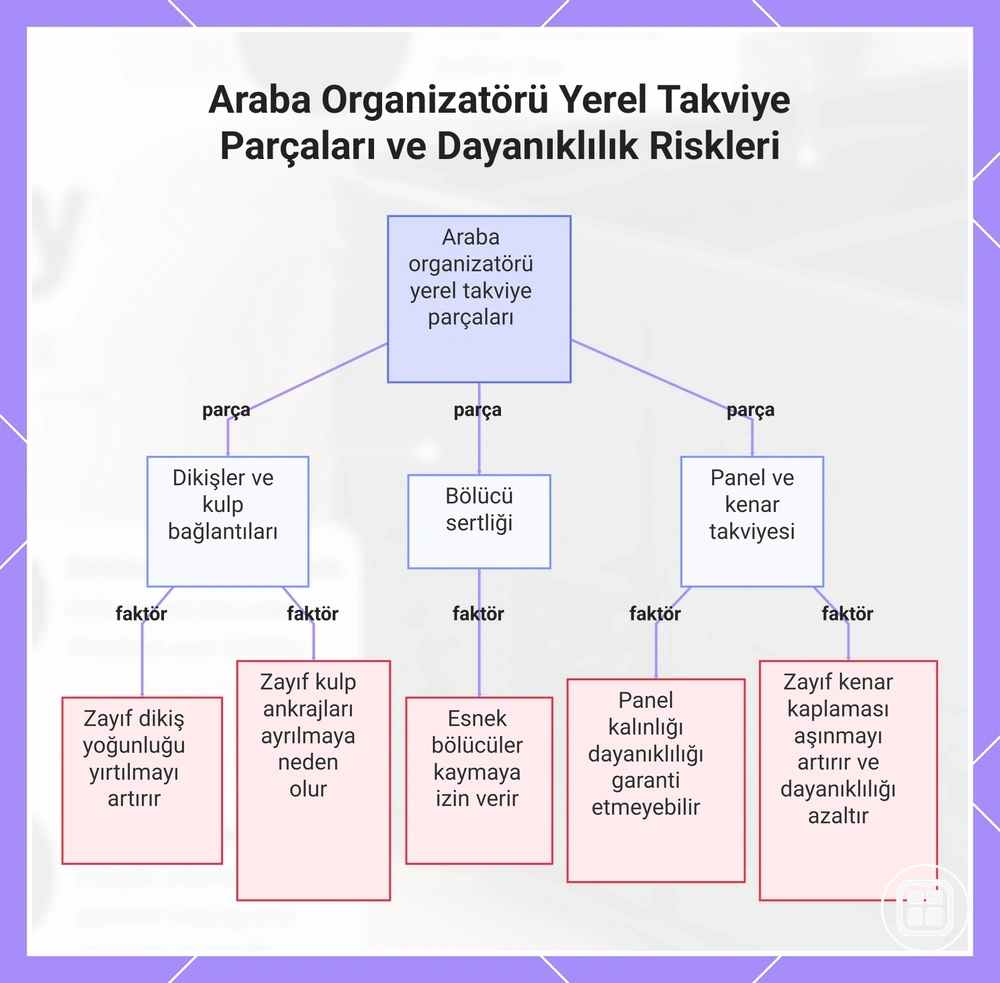 Araç içi organizerde dikiş, tutamak, bölücü, panel ve kenar takviyesinin dayanıklılık riskleri