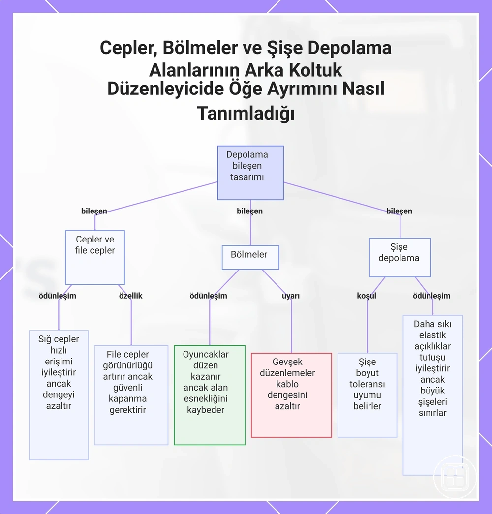 Arka koltuk organizerinde cepler, bölmeler ve şişe tutucuların eşya ayrımı ve erişime etkisi