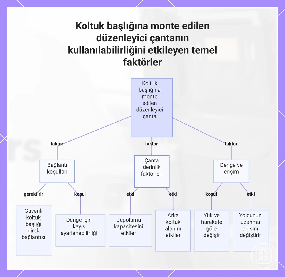 Koltuk başlığına monte edilen organizer çantanın uyum, denge ve erişimini etkileyen faktörler