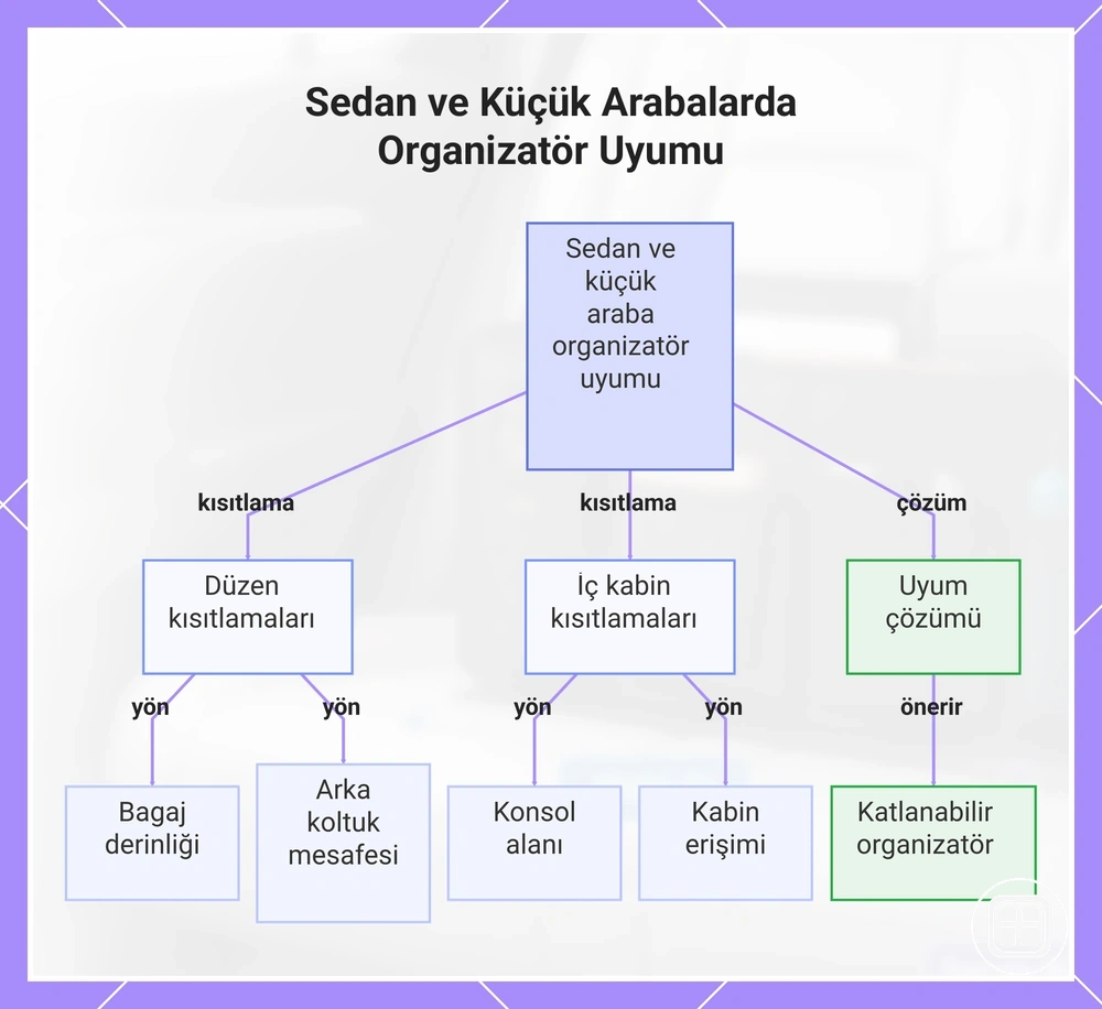 Sedan ve küçük otomobillerde araç içi organizer uyumu