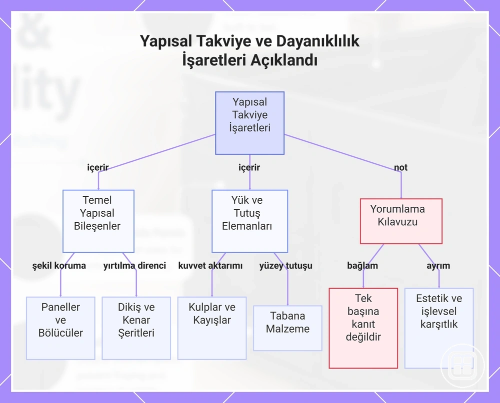 Araç içi organizerde panel, dikiş, tutamak, kayış bağlantısı, taban ve kenar takviyesi göstergeleri